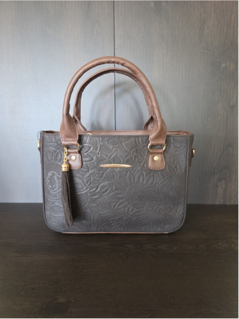 Dark Brown Tasseled Floral Embossed Tooled Artisan LEATHER Crossbody Purse Bag - Picture 8 of 16